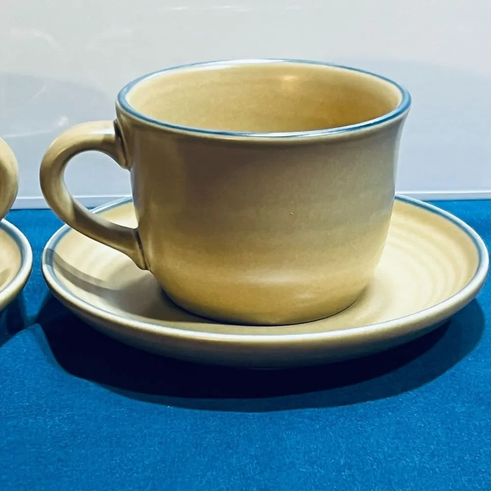 Set of 2 Vintage Pfaltzgraff Folk Art Flat Cup and Saucer Tan Stoneware Blue Flo